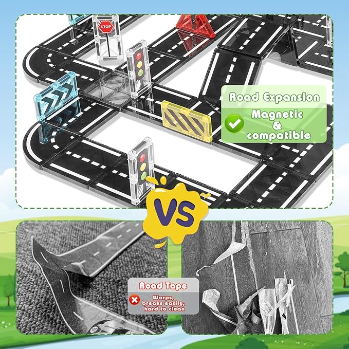 Magnetic Tiles Road Expansion Pack 48 PCS, Magnet Tiles for Kids Ages 3-5 4-8 5-7, Expansion Magnetic Building Blocks Educational STEM Creativity Toys 3+ Year Old Boys & Girls Toddlers Kids Gifts