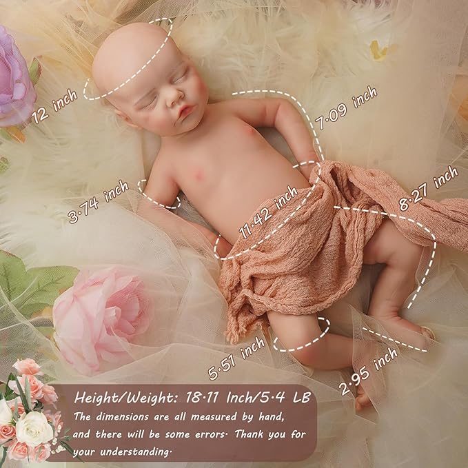 Full Silicone Reborn Baby Doll, 18 Inch Lifelike Newborn Girl, Reborn Baby Dolls Silicone Full Body Sleeping for Therapy & Memory Keepsake