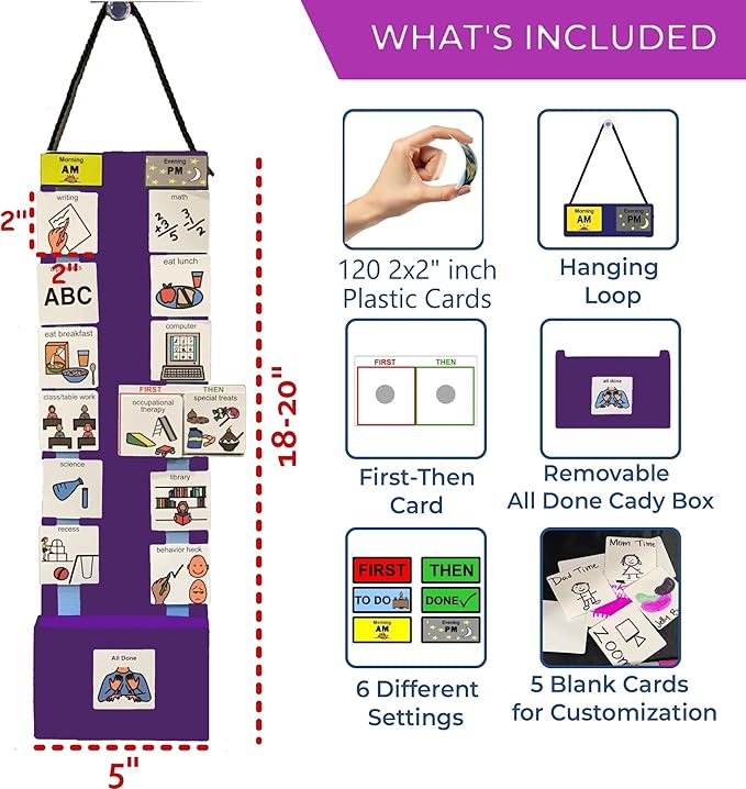 Two Strip Night & Day Daily Schedule Great Visual Behavioral Tool for Structure at Home, School & in The Community. (Purple Magnetic -2 Strips, 133 Icon Plastic Cards)