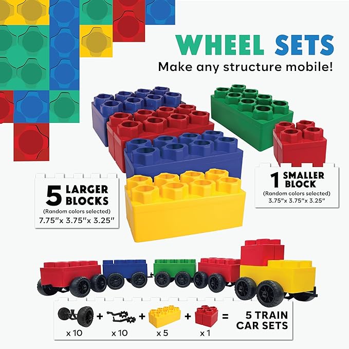 Big Building Blocks - Blocks and Wheels - Toddlers and Kids Ages 4-8 - Large Indoor Outdoor Games - 5 PC Wheel Set