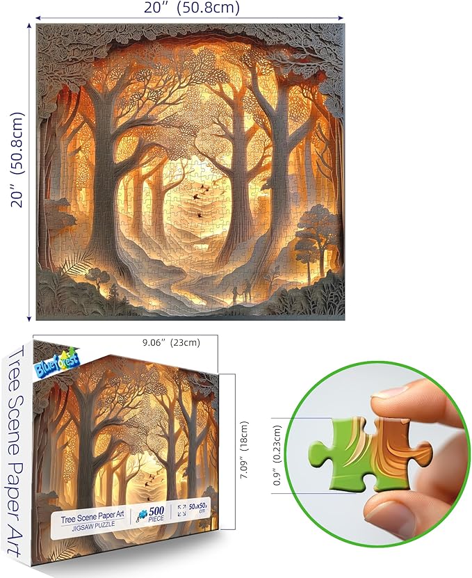 Forest Sunset 500-Piece Jigsaw Puzzle for Adults Layered Paper Art with Letters on Back Large Piece Relaxing Puzzle for Seniors Challenging 20"x20" Nature Scene Fun Gift for Puzzle Lovers