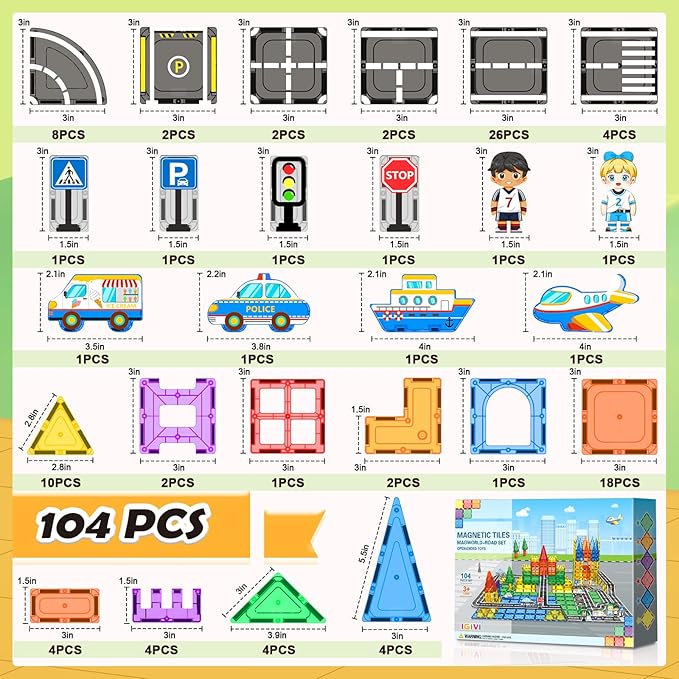 104 PCS Magnetic Tiles Road Set, STEM Construction Toys for Kids Ages 3-5 5-7 4-8, Magnet Building Blocks for Toddler Toys Games, Christmas Birthday Gifts for 3+ Year Old Boys Girls
