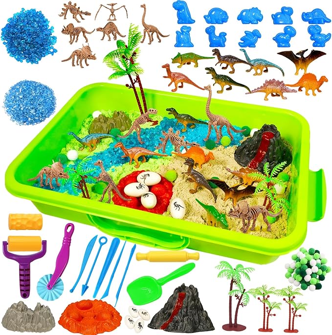 Bbiamsleep Dinosaur Sensory Bin, 147 Pcs Dinosaurs Sand Kit with Sandbox 2.2 lbs Color Sensory Sand 10 Dinosaur Mould 9 Tools Dinosaur Sensory Bin Fillers for Birthday Party