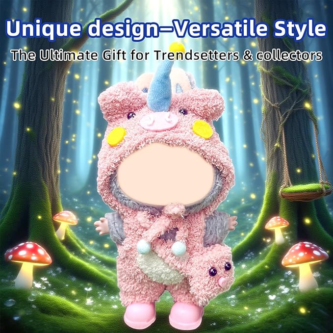 17cm Doll Clothes Set,4-Piece Adorable Outfits for Dolls-Stylish Accessaries Clothes Dress-Up Includes—Pig Hat+Pink Overalls+ Cute Bag+Shoes (Style J)