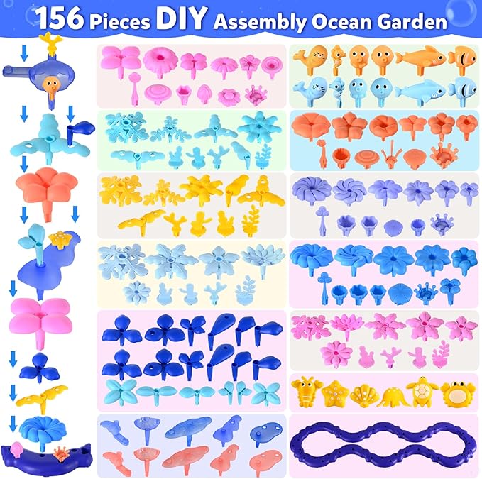 Doloowee 156Pcs Flower Garden Building Toys for Girls 3 4 5 6 7 8Year Old, Upgrade DIY Marine Coral Stacking Toys, STEM Preschool Educational Toddler Toys