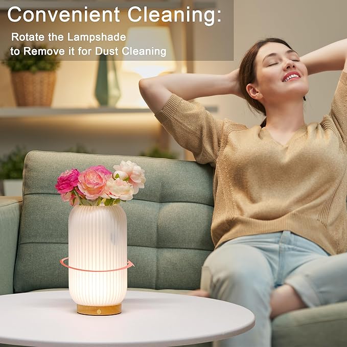 JHY DESIGN 3-Color Light Source Dimmable Touch Bedside Lamp 9" H Rechargeable Button Control Table Lamp 3D Printed Nightstand Lamp with Woodbase for Bedroom Living Room Indoors(White, Type-C Charging)