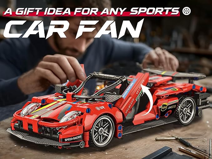 Sosuy Building-Block Race-Car Set, 1:18 Technical Model Kit 513 Pcs DIY Red Pull-Back Toy for Boy Girl Kid Age 6+ Year, Birthday Gift for Teen Adult Display, Speed Super Sports Cars Bricks Icons
