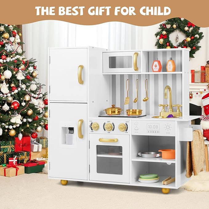 INFANS Kid Kitchen Playset, Toddler Wooden Pretend Cooking Set with Realistic Light & Sound, Stove, Sink, Microwave, Storage Cabinet, Play Kitchen Toy Set for Children Boys Girls (Gold)