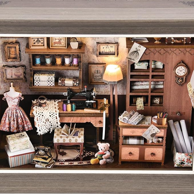 Book Nook Kit - 3D Wooden Puzzle with LED Switch Control & Wall-Mountable Frame，DIY Miniature House for Beginners，Bookshelf/Tabletop/Wall Decor for Craft Lovers，Dollhouse Gift (Lily Sewing Shop)