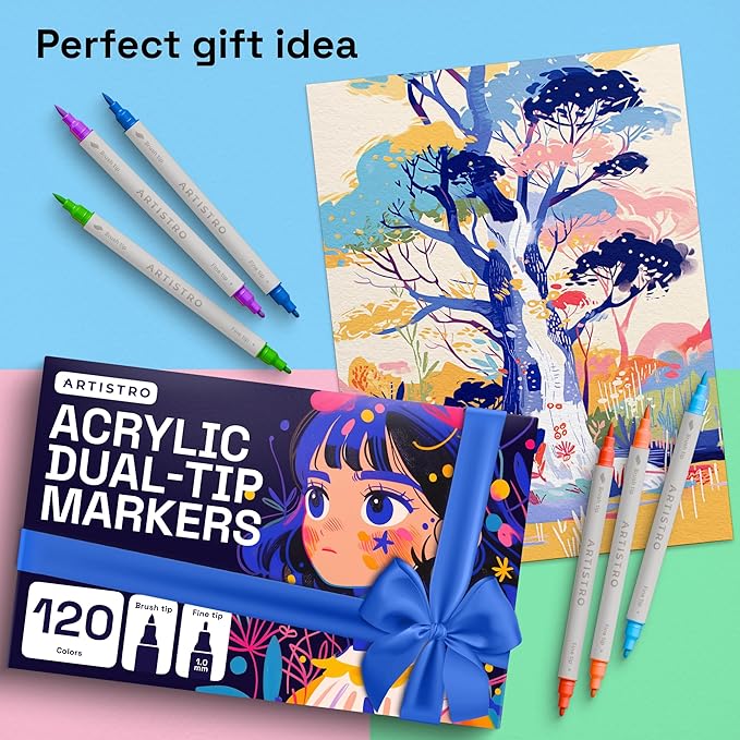 ARTISTRO 120 Dual Tip Brush + Fine Acrylic Paint Pens Ideal for Calligraphy - Paint Markers for Fabric, Rock, Glass, DIY - Stocking Stuffers, Christmas Gift Idea for Teens, Grandkids, Kids