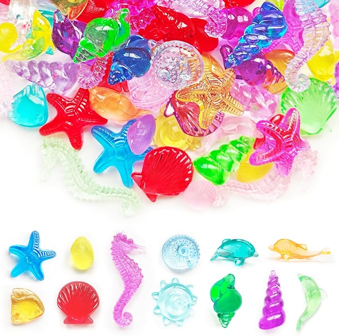 100+ Pcs Sea Shell Ocean Sensory Bin Filler, Diving Gem Pool Toys for Kids, Mini Acrylic Plastic Seashells Animals Figurines Decorating, Little Mermaid Party Favors, 15 Colors 12 Styles