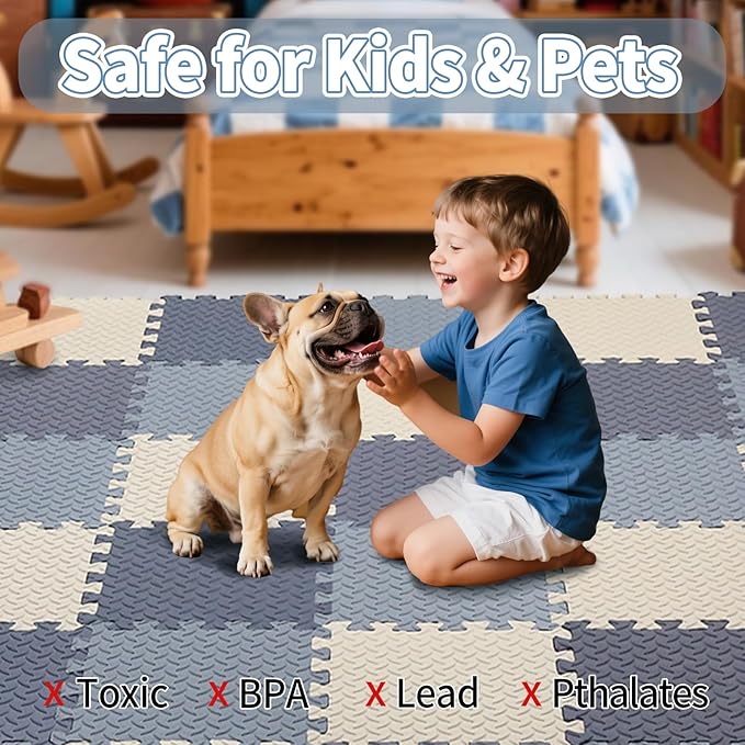 Foam Play Mat for Baby, 0.4 Inch Thick Foam Interlocking Floor Mats, Soft Non-Toxic Baby Playmat, Puzzle Play Mat Kids Floor Mats for Toddler, 16 Tiles(White/Dark Blue/Gray Blue)