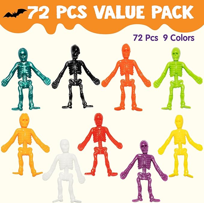 JOYIN 72 PCS Halloween Stretchy Skeletons, Halloween Stress Relief Toys Assorted 9 Colors Stretchy Skull Toys for Halloween Trick or Treat Party Favor, Halloween Goody Bag Fillers