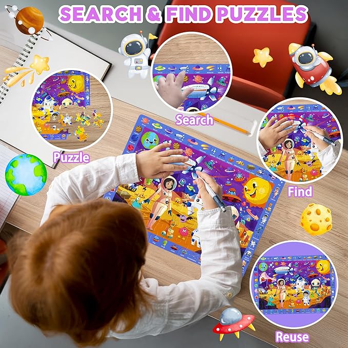 4 Pack Search and Find Puzzles for Kids Ages 4-6 6-8 8-10, Space Forest Ocean Amusement Park Kids Puzzles, 60 Pieces Jigsaw Puzzle for Adults Kids Learning Puzzle Toys Gifts for Girls Boys(14x10 inch)