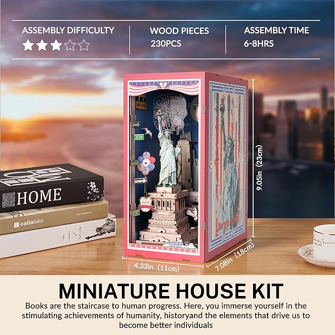 Book Nook Kit, DIY Miniature House Dollhouse Crafts Kit for Adults and Teens, Liberty's Legacy 3D Wooden Puzzle Booknook Build Bookshelf Decor, Gifts for Family and Friends