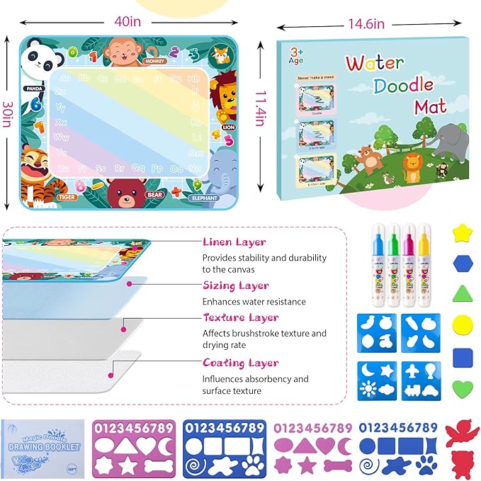 Thick Water Doodle Mat 40 x 32 Inches Kids Extra Large Water Painting Doodle Drawing Mat Toy Writing Coloring Magic Educational Toys for Boys Girls Age 2 3 4 5 6 7 8 Year Old Holiday Birthday Present