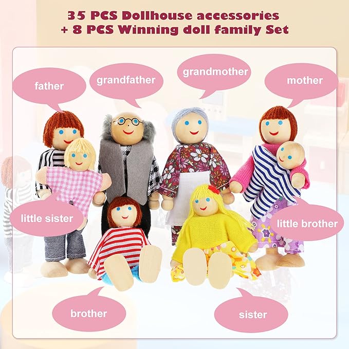 Sumind Wooden Doll House Furniture and Accessories Set With 27 Pieces Furniture, 8 Family Figures for Dollhouse Family Set