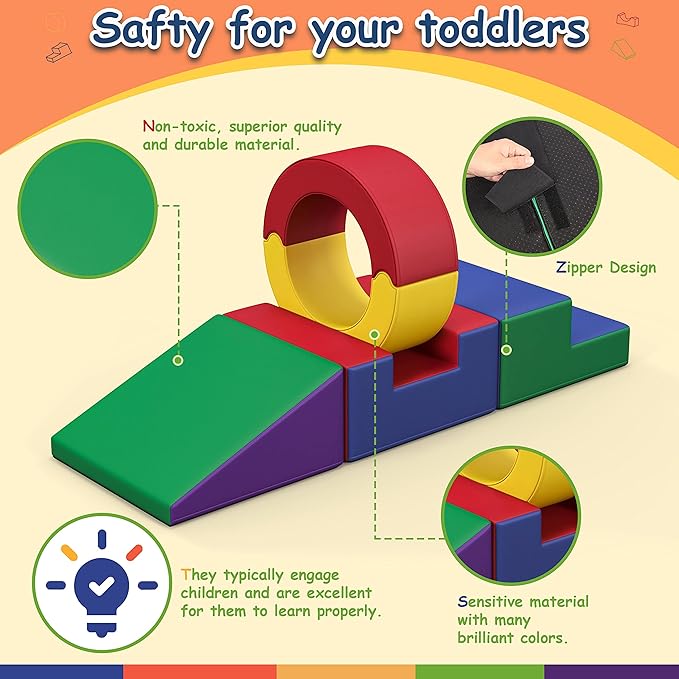 TOLEAD Foam Climbing Toys for Toddlers,4 Pcs Climb & Crawl Soft Play Set for Kids, Safe Indoor Tunnel for Toddler Gym with Pad,Easy to Clean