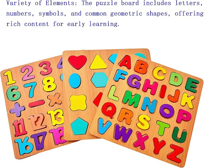 3PCS Wooden Alphabet, Number & Shape Puzzles for Toddlers – Educational Learning Toy (Choose from 3 Combinations) (Alphabet, Number & Shape)