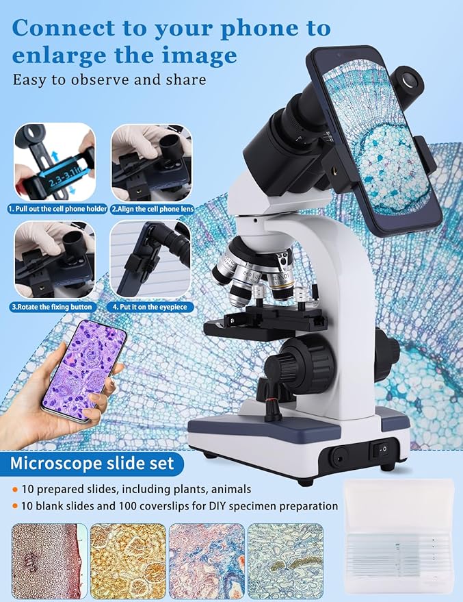 Microscope for Adults WF10x and WF25x Eyepieces, 40X-2500X Magnification, with HD USB Camera, Binocular Microscope for Lab Schools