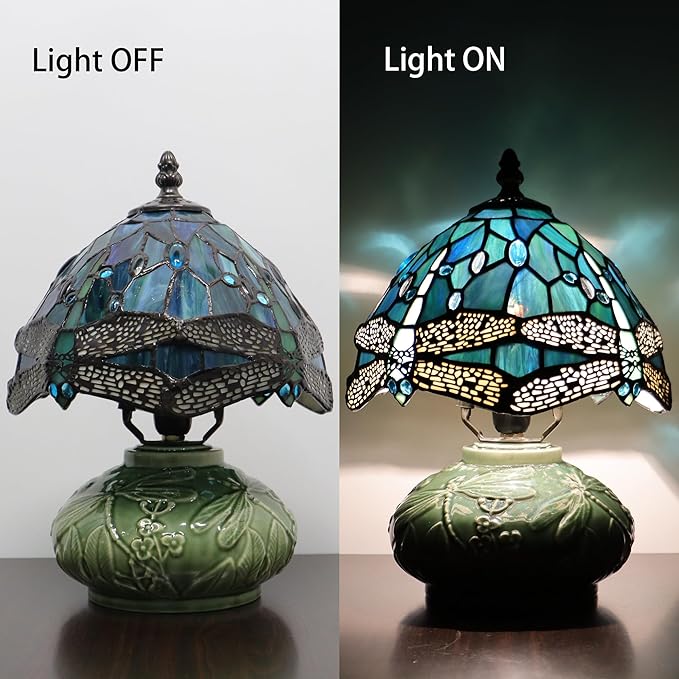 Small Tiffany Lamp Mushroom Table Lamp, Mini Stained Glass Desk Light Memory Sympathy Ceramic lamp 8X11 Inch (Sea Blue Dragonfly Style)