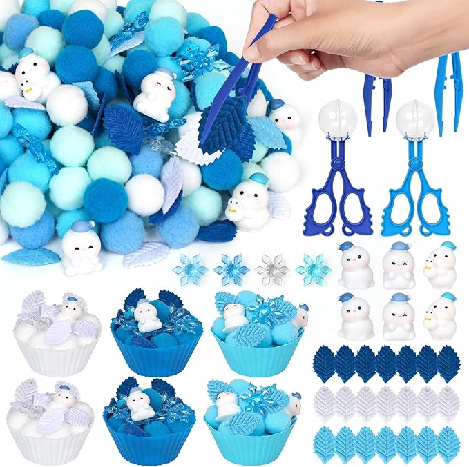 196 Pcs Winter Sensory Bin Items Winter Snowman Counting Sorting Sensory Bin Filler Fine Motor Snowman Snowflake Counts for Xmas Counting Decor