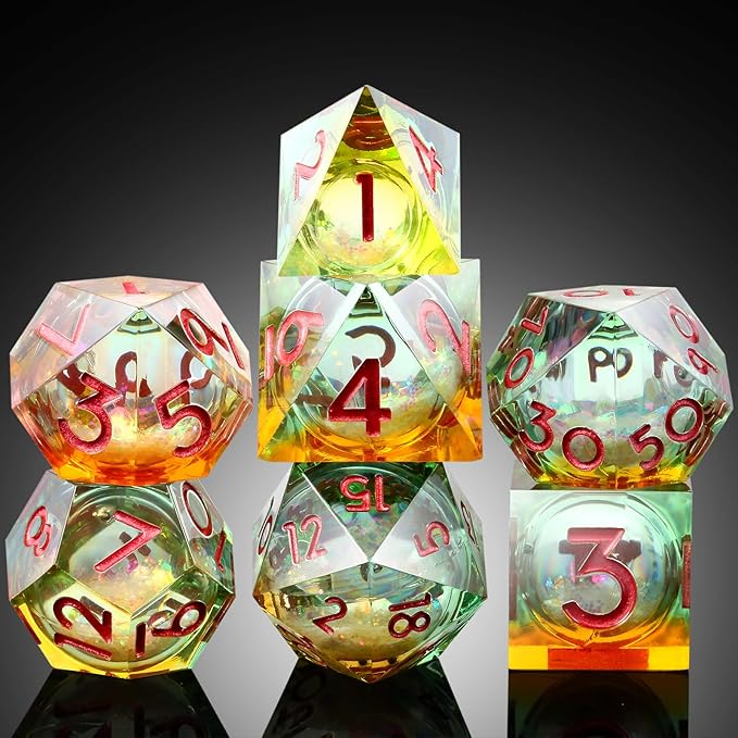 Glitter Liquid Core Sharp D&D Dice, DNDND Handmade Resin Sharp Edge DND Dice Set with Dragon Metal Gift Case for Dungeons and Dragon Tabletop Games (Liquid Yellow and Green)