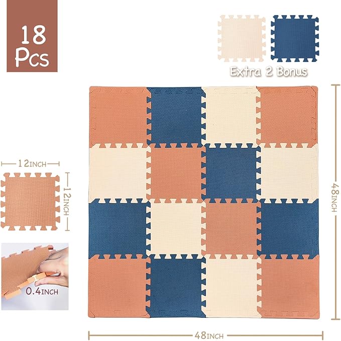 TCBunny Kids Soft EVA Foam Jigsaw Puzzle Play Mat, 18 Interlocking Tiles and Edges Baby Play Mat, for Kids Gym, Nursery, Playroom, Pet Mat, Total Floor Coverage 16 Sq Ft