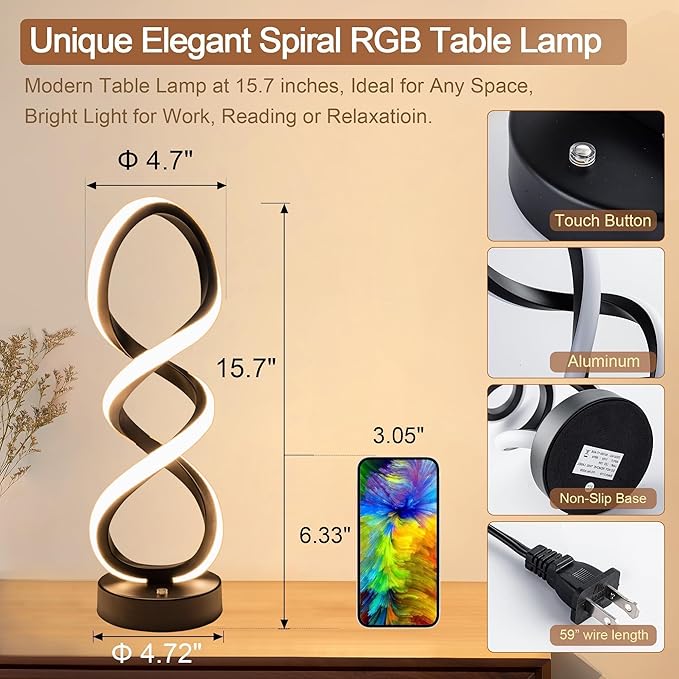 Modern Table Lamp, 7 Colors 10 Light Modes Spiral Design Table Lamp, Touch Dimmable Nightstand Lamp, Unique Bedside Lamp for Living Room, Bedroom, Cool Lamps, Black