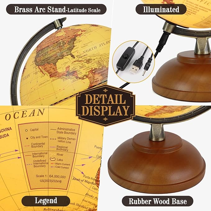 Illuminated Globe of the World with Wooden Stand, 8'' Vintage World Globe Built in LED Night Light for Kids&Adults' Geography Learning, Decor for Home Office Classroom
