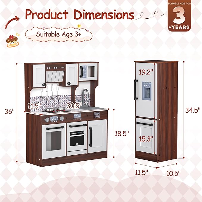 2-Piece Kids Kitchen Playset, Wooden Play Kitchen Set for Toddlers, Modular Pretend Play Kitchen w/Light&Sound Stove Oven, Large Kitchen Cooking Toy w/Refrigerator, Gift for Girls Boys