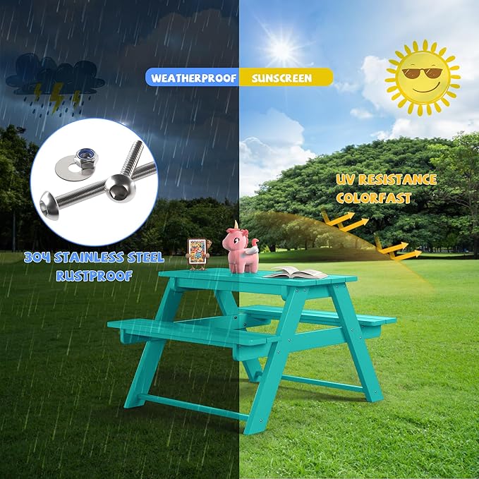 Costaelm Kids Picnic Table, HDPE All Weather Outdoor Toddler Picnic Table and Chair Set Kids Bench for Patio, Backyard, Garden, Lawn, Turquoise