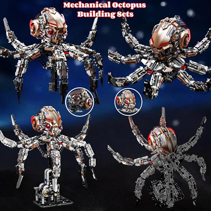 Mechanical Octopus Building Set for Adults with Motor Set - 1900 Pcs,Sea Animal Model Toy Compatible with Lego Octopus,Static and Dynamic Octopuses That Can Be Manually and Automatically Controlled