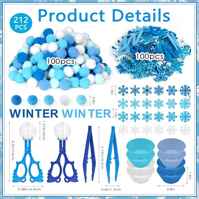 212 Pcs Winter Sensory Bin Items Hello Winter Snowflake Counting Sorting Sensory Bin Filler Fine Motor Toys Snowflake Counts Winter Xmas Counting Toys for Preschool Education Activities