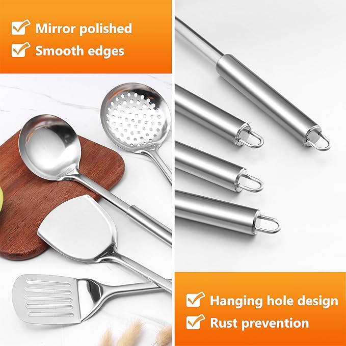 E-far Stainless Steel Cooking Utensils, 4-Piece Heat Resistant Kitchen Utensils Set, Non-toxic Metal Kitchen Tools Spatulas Set Including Soup Ladle, Slotted/Solid Turner, Skimmer, Dishwasher Safe