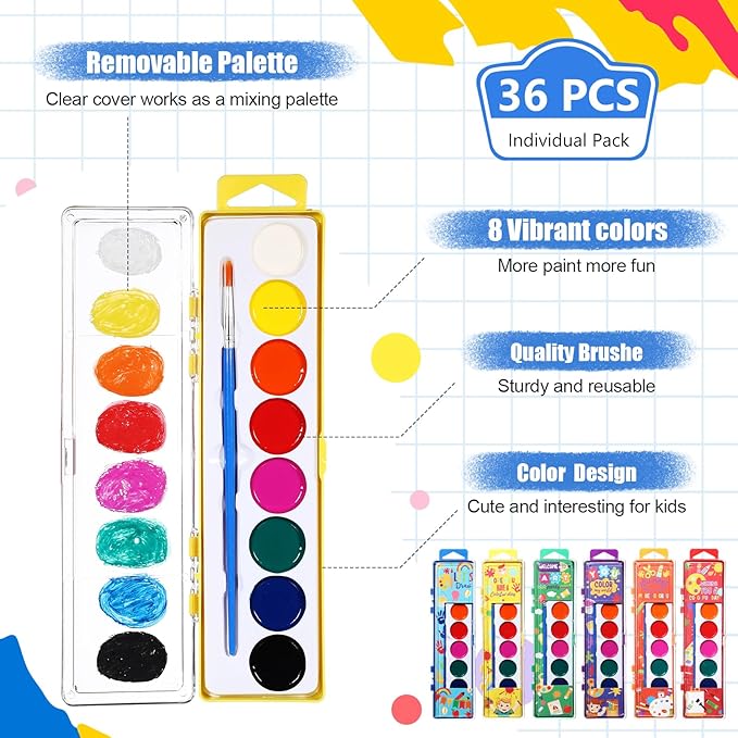 36 Packs Halloween Watercolor Paint Set for Kids 8-Color Washable Watercolor Paint Bulk with Paintbrush for Preschool Classroom Painting Favors Back to School Gifts Halloween Party Supplies