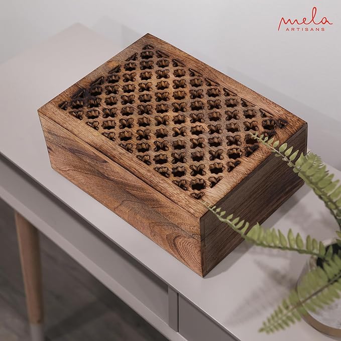 Mela Artisans Wooden Keepsake Box | Medium Burnt Mango Wood Memory & Photo Storage Box with Hinged Lid | Decorative Storage Box | Extra Large | 10.5x7.5x4 Inch