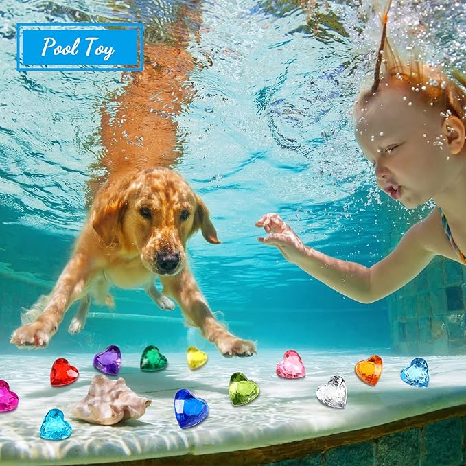 Hicarer 30 Pieces Diving Gem Pool Toys Colorful Big Diamond Pirate Treasure Diving Gems Acrylic Heart Gemstones Summer Beach Underwater Swimming Toys for Kids Swimming Party Favor Pool Training Gift