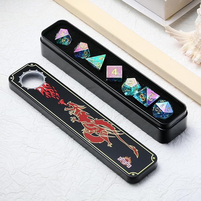 Iridescent Plating Sharp DND Dice, DNDND Handmade Resin Sharp Edge D&D Die with Gift Case for Dungeons and Dragon Tabletop Games (Iridescent Plating)