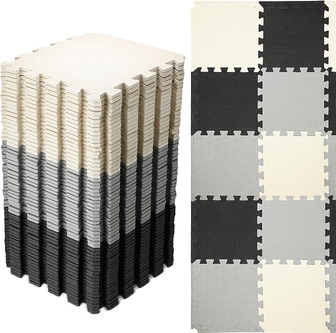 Nuanchu 60 Pcs Kids Foam Puzzle Floor Mat Bulk Solid Color Foam Play Mat with Borders Interlocking Multi Use Floor Rug for Baby Toddler Children Crawling Exercise Playroom 12 inch (Black, White, Gray)