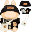 17cm Doll Outfits for Labubu - Kawaii Chic Style Set for 17cm Dolls, Cute Doll Clothes with Accessories -Button Up Stripe Black Sweater + Black Hat + White Bag (Clothes Only)