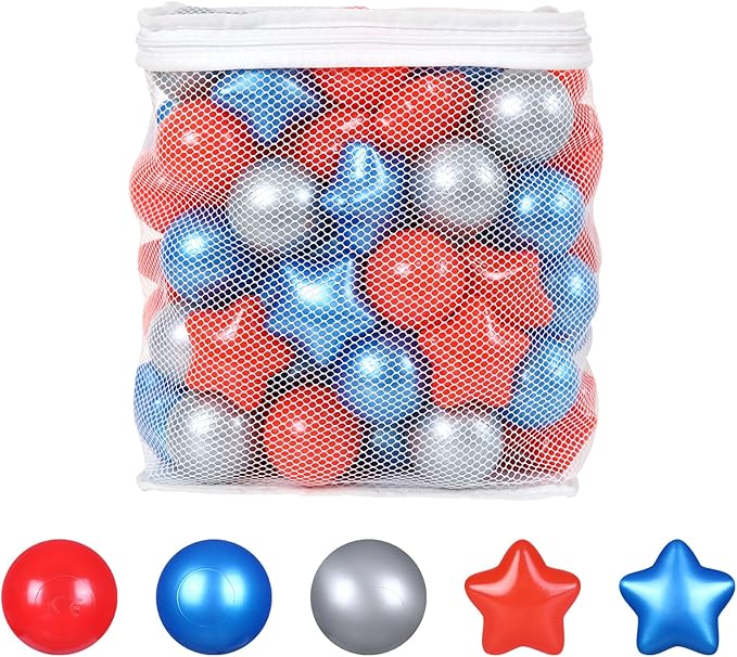 Ball Pit Balls Plastic Stars for Ball Pit BPA Free Plastic Balls Crush and Smash Proof Balls 100pcs 2.2" Set for Toddlers for Play Tent Tunnel (Red+Blue+Silver)