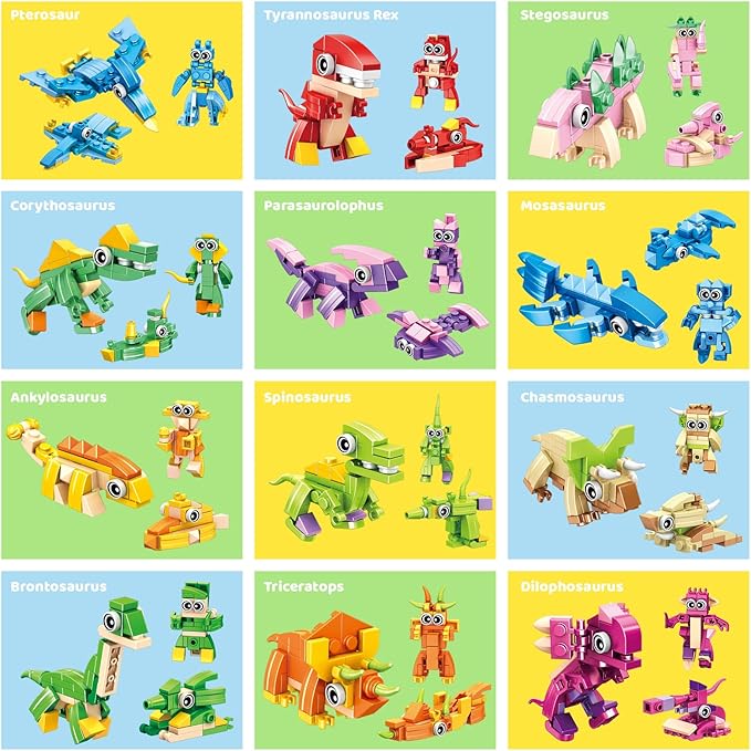 Dinosaur Party Favors for Kids – 12 Dino Figures in Prefilled Eggs, 3-in-1 Building Block Toy Set with Glow Tattoos, Christmas & Birthday Gift, Goodie Bag Filler, Stocking Stuffer, Boys & Girls 6+