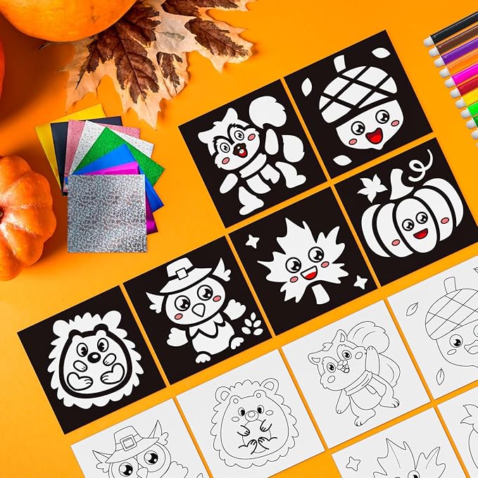 Cinrobiye 24 Set Fall Foil Art Craft Kits DIY Leaves Animals Painting Kits Art Paper Coloring Activity for Autumn Classroom Home Party Favors Thankgiving Birthday Goodie Bags Gifts Prizes (Fall)