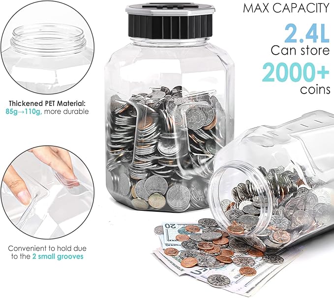 X-Large Piggy Bank for Adults Kids, Vcertcpl Digital Coin Counting Bank with LCD Counter, 2.4L Capacity, Great Coin Counter Bank Money Counting Jar with Total Amount Displayed (Silver, X-Large)