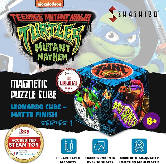 SHASHIBO Teenage Mutant Ninja Turtles Shape Shifting Box - STEM Magnetic Fidget Cube That Transforms Into Over 70 Shapes, Download Fun in Motion Toys Mobile App (Leo)