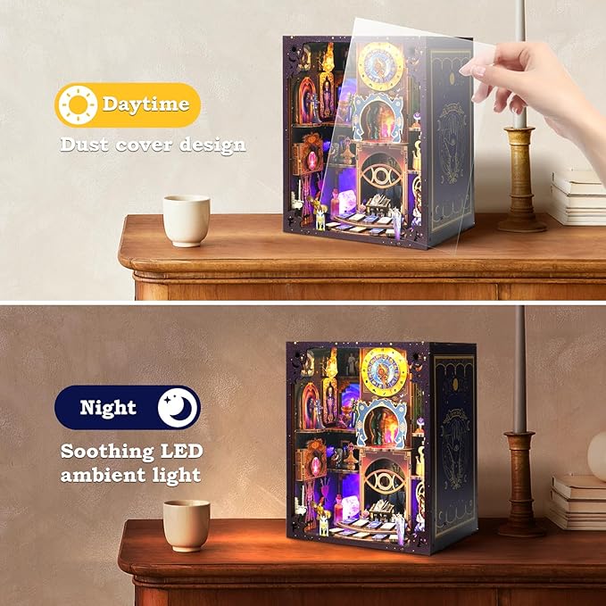 Book Nook Kit - DIY Miniature Dollhouse with LED Lights for Adults & Teens, Fantasy Tarot-Themed 3D Wooden Bookshelf Decor, for Craft Lovers
