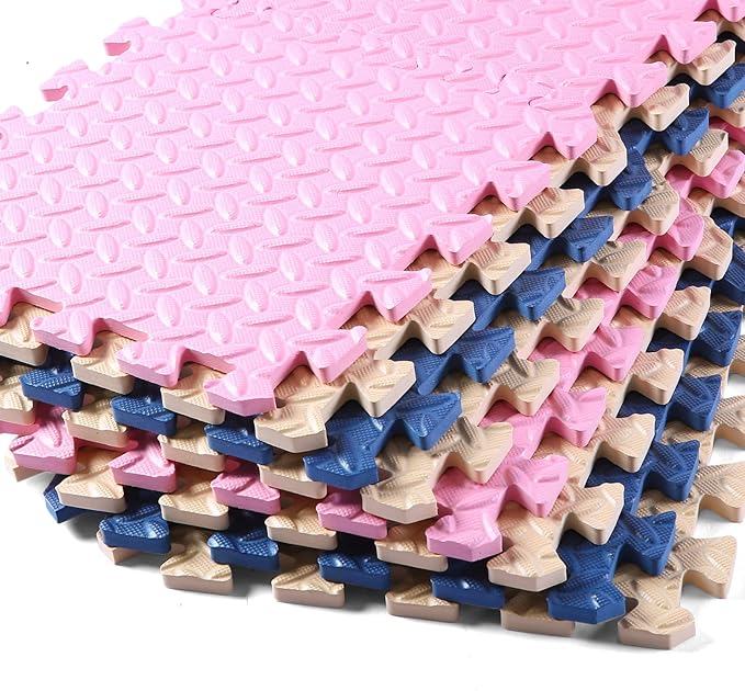 Foam Floor Mats for Kids, 12 x 12 Inch 16 Tiles 0.4" thickness Foam Play Mat, Non-Toxic Square Interlocking Floor Mats Rubber Baby Play Mat for Toddlers(Beige/Dark Blue/Pink)