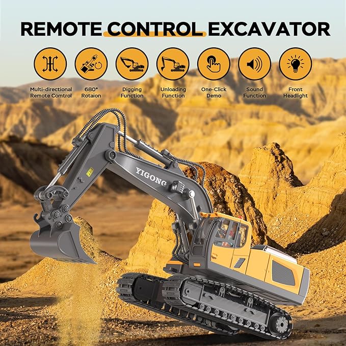 RC Excavator Toy Remote Control Excavator USB Charging, 680 ° Rotation, Featuring Flashing Lights with Engine Sound Toy for Kids Christmas Birthday Gift