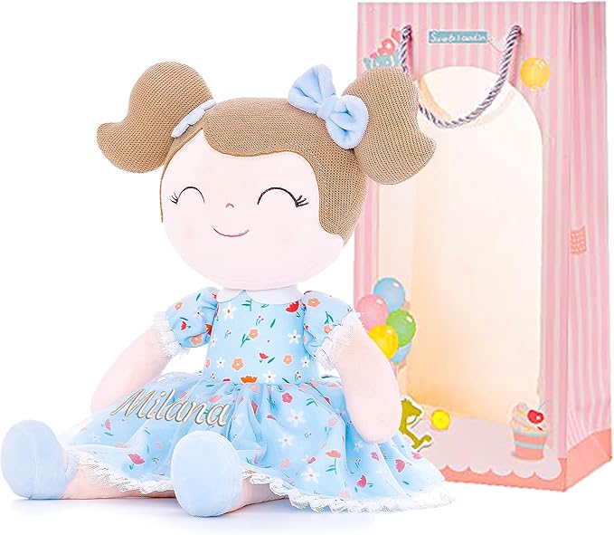 Gloveleya Personalized Doll with Embroidered Name - Floral Blue Custom Plush Doll for Girls Cute Plush Doll Customized Gift - Muñecas de Trapo Personalizadas para Niñas
